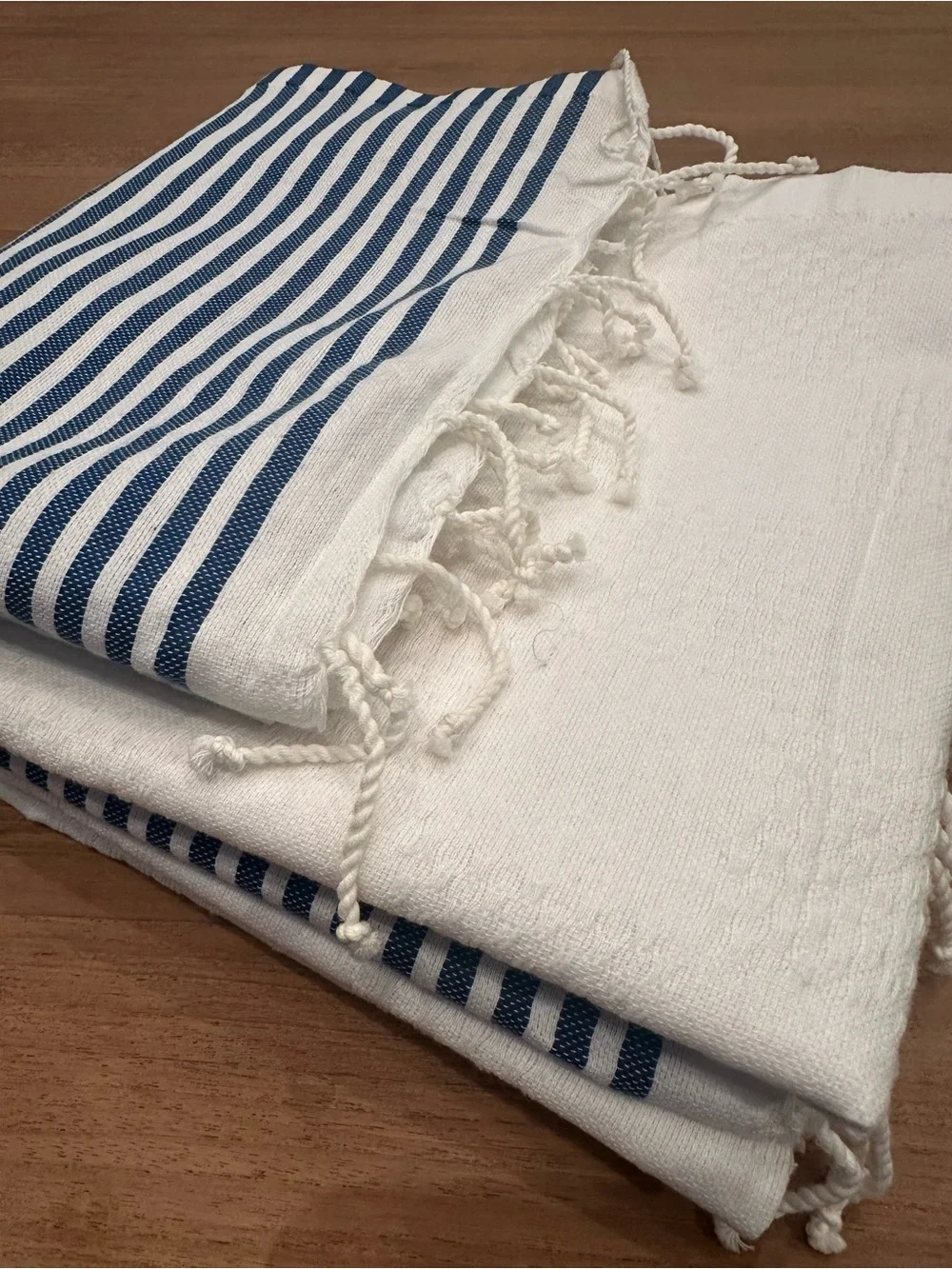 Set of 2 White Turkish Towels with Navy Stripe